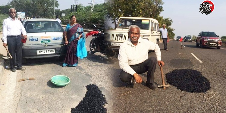 Senior Couple In Hyderabad Filling Potholes On Roads